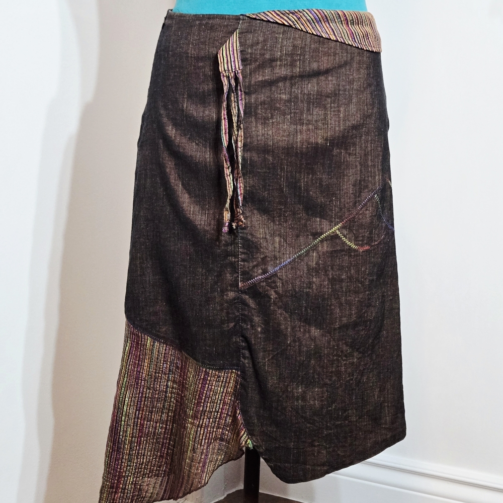 Brown Midi Wrap Skirt with Asymmetrical Tie Front
